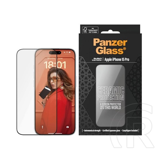 Panzerglass Apple iPhone 15 Pro ceramic protection ultra-wide fit képernyővédő üveg (3d, kerámia + segédkeret) fekete