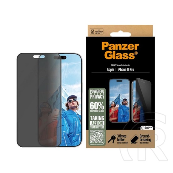 Panzerglass Apple iPhone 16 Pro privacy ultra-wide fit képernyővédő üveg (3d, betekintés védelem + segédkeret) fekete