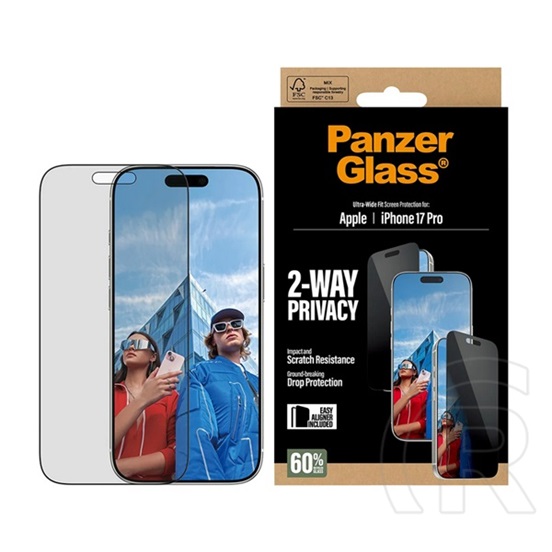 Panzerglass Apple iPhone 17 Pro ultra-wide easyaligner üveg (betekintés ellen, karcálló + segédkeret) fekete