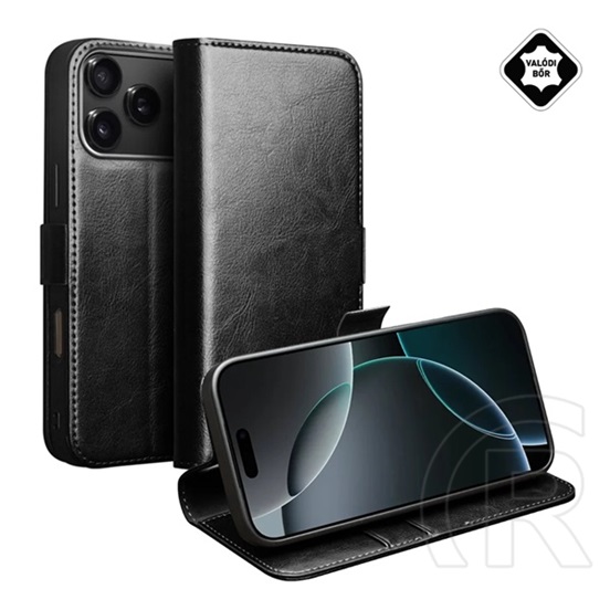 Qialino Apple iPhone 17 Pro Max tok álló, valódi bőr (flip, oldalra nyíló, asztali tartó) fekete