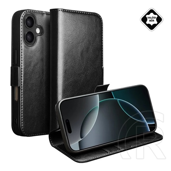Qialino Apple iPhone 17 tok álló, valódi bőr (flip, oldalra nyíló, asztali tartó) fekete