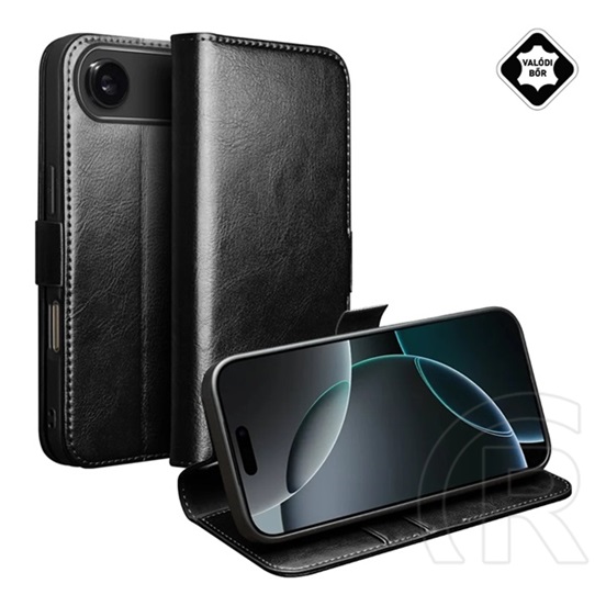 Qialino Apple iPhone Air tok álló, valódi bőr (flip, oldalra nyíló, asztali tartó) fekete