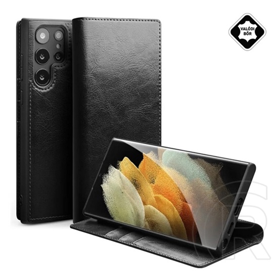 Qialino Samsung Galaxy S23 Ultra (SM-S918) tok álló, valódi bőr (flip, oldalra nyíló, asztali tartó) fekete