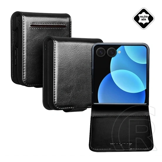 Qialino Samsung Z Flip8 tok álló, valódi bőr (flip, oldalra nyíló, asztali tartó) fekete