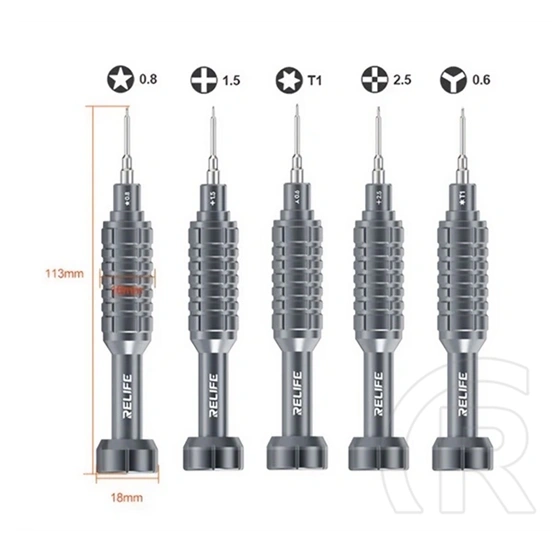Relife rl-730a precíziós csavarhúzó készlet 5db (y0.6, 0.8 mm pentalobe, t1 torx, 1.5 mm phillips, 2.5 mm pinhead) ezüst