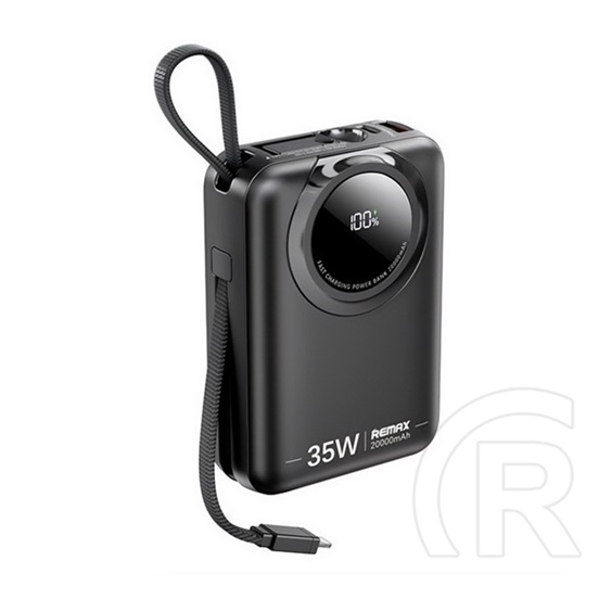 Remax scuba vésztöltő type-c+lightning aljzat (20000mah, 35w, pd gyorstöltő, led kijelző + fix type-c kábel) fekete