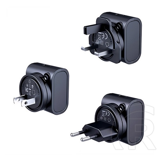 Remax utazó töltő type-c aljzat (30w, pd gyorstöltő, gan, eu, uk, us) fekete