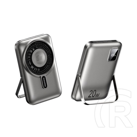 Remax vésztöltő usb+type-c aljzat (10000mah, 15w, wireless, magsafe, kitámasztó + fix type-c - lightning kábel) szürke