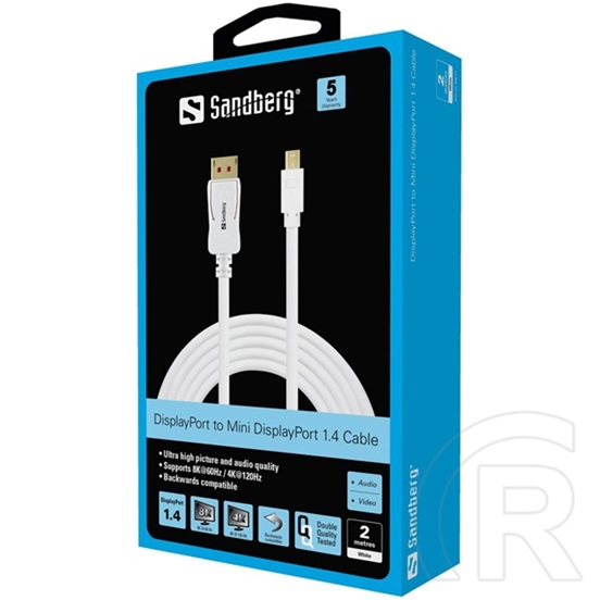 SANDBERG DisplayPort kábel (DP dugó / Mini DP dugó, 1.4, 8K60Hz, 2 m, fehér)