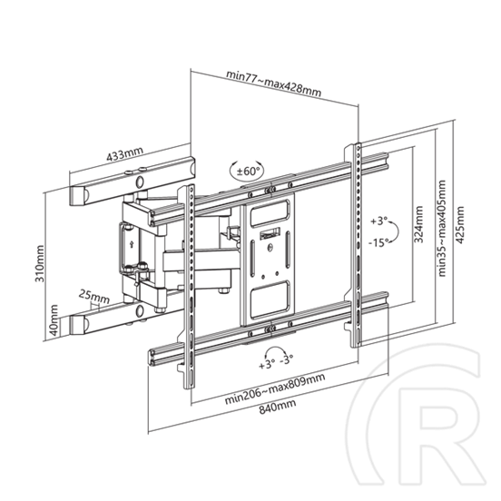 SBOX PLB-61486 fali konzol (43"-90", VESA 300x200-800x400, max. 60 kg, dönthető, forgatható, fekete)