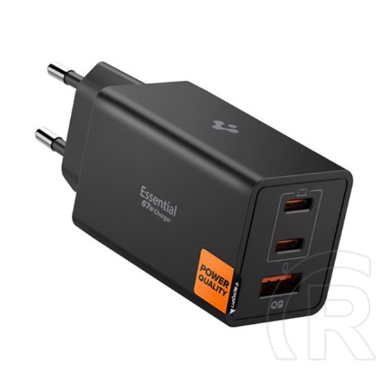 Spigen Essential hálózati töltő (USB-A + 2xUSB-C, 67W, GaN, fekete)