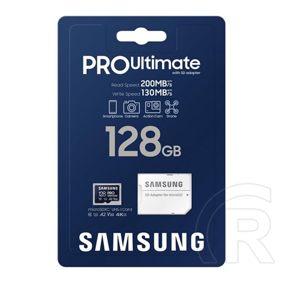 Samsung memóriakártya 128gb (microsdxc pro ultimate - class 10, uhs-1, u3, v30, a2) + sd adapter