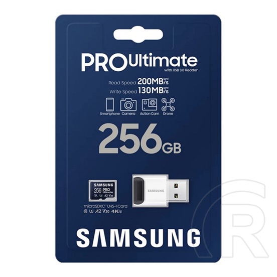Samsung memóriakártya 256gb (microsdxc pro ultimate - class 10, uhs-1, u3, v30, a2) + usb kártyaolvasó