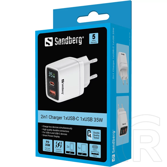 Sandberg 2 in 1 hálózati töltő 35W (1x USB-C PD max 35W, 1x USB-A QC 3.0, GaN III, túláram- és rövidzárvédelem)