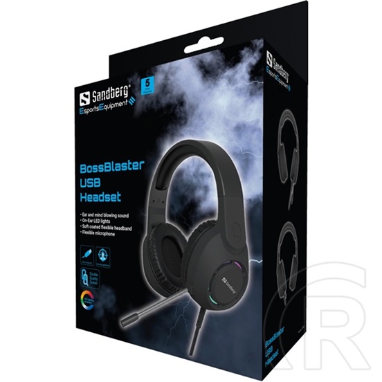 Sandberg BossBlaster mikrofonos fejhallgató USB (50 mm, 2 m kábel, USB-A csatlakozó, elektret kondenzátor mikrofon, omni