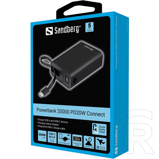 Sandberg Connect 20000 külső akkumulátor (20 000 mAh, 77Wh, PD 20W, USB-C és USB-A kimenetek, LCD kijelző, USB-C kábel 1