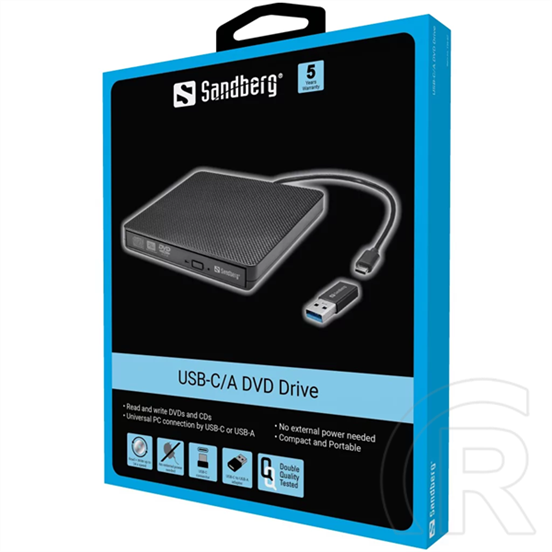 Sandberg Külső DVD-író (USB-C/USB-A, 30 cm kábel, CD 24x, DVD 24x, DVD írás 8x, DVD±R DL 6x, LED)