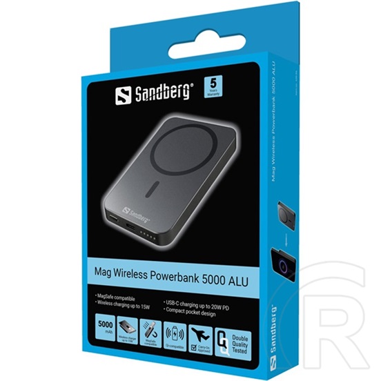 Sandberg Mag Wireless Powerbank 5000 hordozható akkumulátor (5000 mAh, USB-C 18W bemenet, USB-C 20W kimenet, vezeték nél