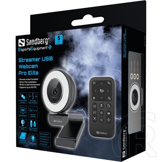 Sandberg Streamer Pro Elite webkamera (2560x1440@30fps, USB 2.0, ePTZ, állítható gyűrűs világítás, beépített mikrofon)
