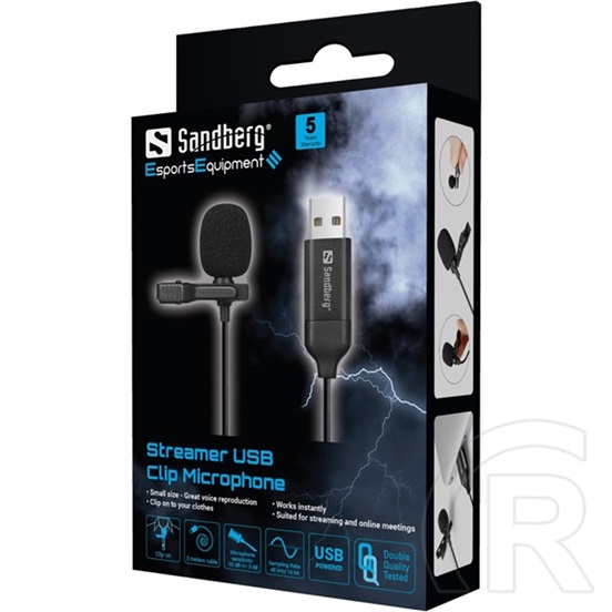 Sandberg Streamer USB clip mikrofon (USB, omnidirekcionális, 3 m kábel, 48 kHz/16 bit, fekete, vezetékes)