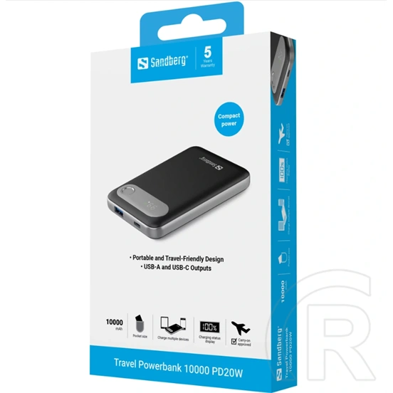 Sandberg Travel powerbank 10000 (10000 mAh, USB-C PD 20W, USB-A 22,5W, LCD kijelző, Li-polimer)