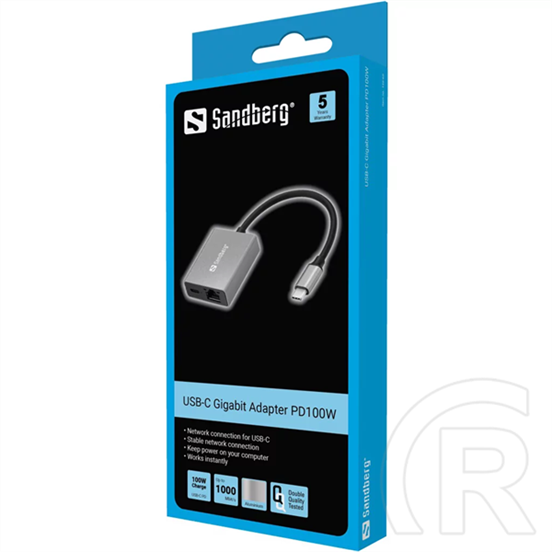 Sandberg USB-C Gigabit hálózati adapter PD100W (1000 Mbps, RJ45, PD 100W, alumínium ház, RTL8153B)
