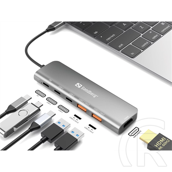 Sandberg USB-C dokkoló (HDMI, 2x USB-A, 2x USB-C, PD 100W, alumínium ház, 4K@60Hz)