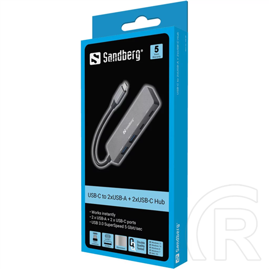 Sandberg USB-C hub (2x USB-A 3.0, 2x USB-C, 5Gbps, alumínium, ASW3410)