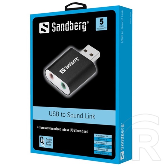 Sandberg USB to Sound Link hangkártya (stereo, 1 x 3,5 mm jack hangszóró és mikrofon, 44,1-48 kHz, SNR 22 dB)
