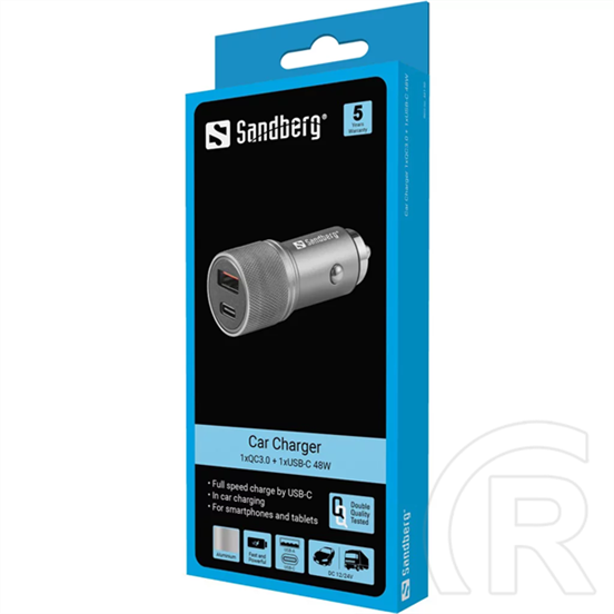 Sandberg autós töltő 48W (USB-C PD 30W, USB-A QC3.0 18W, 12-24V bemenet, alumínium ház)