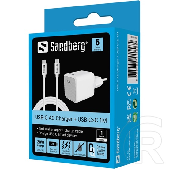 Sandberg hálózati töltő USB-C 20W (USB-C PD 5V/3A, 9V/2.22A, 12V/1.67A, kábel USB-C-USB-C 1m)