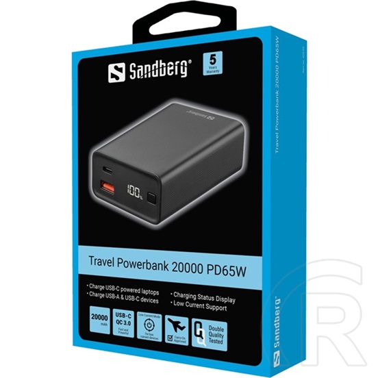 Sandberg hordozható akkumulátor Travel powerbank 20 000 mAh (65W PD, 22,5W USB-A, 77 Wh, Li-ion)