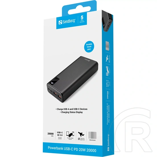 Sandberg powerbank USB-C PD (20000 mAh, 20W USB-C kimenet, 2×USB-A, alumínium, töltéskijelző, átmenő töltés)