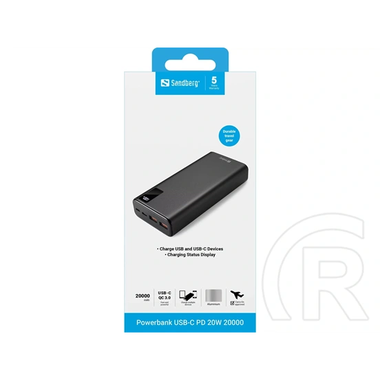 Sandberg powerbank USB-C PD (20000 mAh, 20W USB-C kimenet, 2×USB-A, alumínium, töltéskijelző, átmenő töltés)