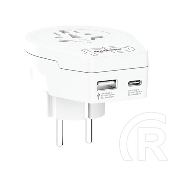 Skross utazó töltő usb+type-c aljzat (250v/2.4a, 20w, eu2 pin - aus/ch, uk, usa/jpn, che, it, bra, földelt) fehér