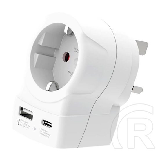 Skross utazó töltő usb+type-c aljzat (250v/2.5a, 20w, gyorstöltő, eu2 pin - uk, földelt) fehér