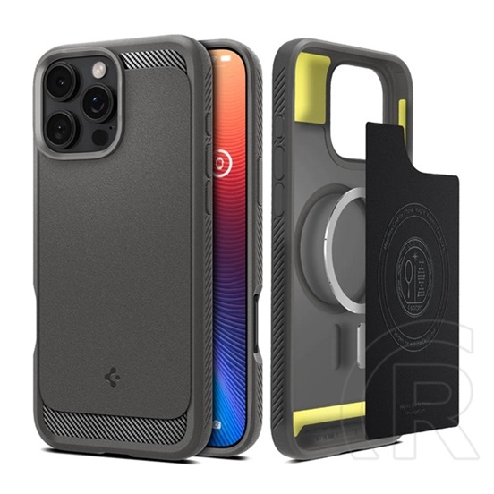 Spigen Apple iPhone 16 Pro rugged armor telefonvédő (ütésálló, légpárnás sarok, karbon minta, magsafe) világosszürke