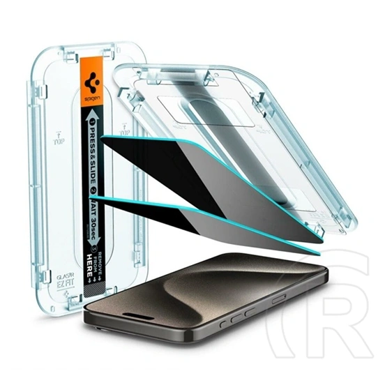 Spigen EZ Fit képernyővédő üveg (2 db, 2.5D, betekintés védelem, 0,2 mm, 9H, segédkeret, átlátszó)