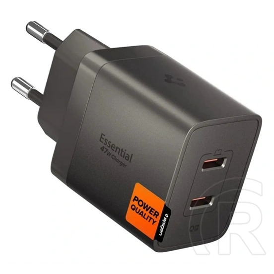 Spigen Essential EE472EU-GAN hálózati töltő (2 type-c aljzat, 47w, gan, pd gyorstöltő, sötétszürke)