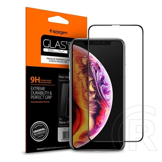 Spigen FC Apple iPhone XS Max 6.5 képernyővédő üveg (2.5D, ujjlenyomatmentes, extra karcálló, 9H, ultravékony, 0.3mm, sz