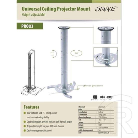 Sunne PRO03 Projektor mennyezeti konzol