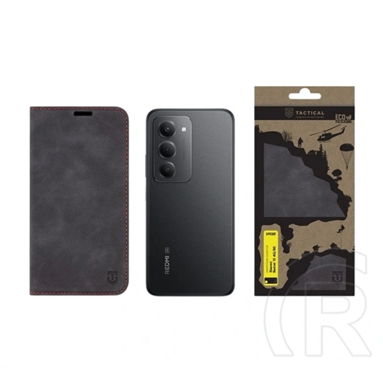 Tactical Redmi 15 4G  xproof tok álló, bőr hatású (flip, asztali tartó, koptatott bőr minta, prémium) fekete