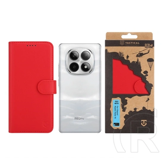 Tactical Redmi Note 15 5G field notes tok álló, bőr hatású (flip, asztali tartó, bankkártya tartó, prémium) piros
