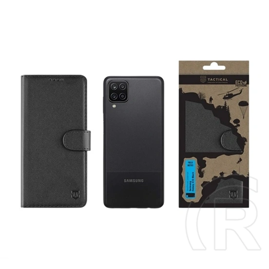 Tactical Samsung A12 field notes tok álló, bőr hatású (flip, asztali tartó, bankkártya tartó, prémium) fekete