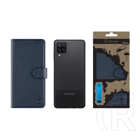 Tactical Samsung A12 field notes tok álló, bőr hatású (flip, asztali tartó, bankkártya tartó, prémium) sötétkék