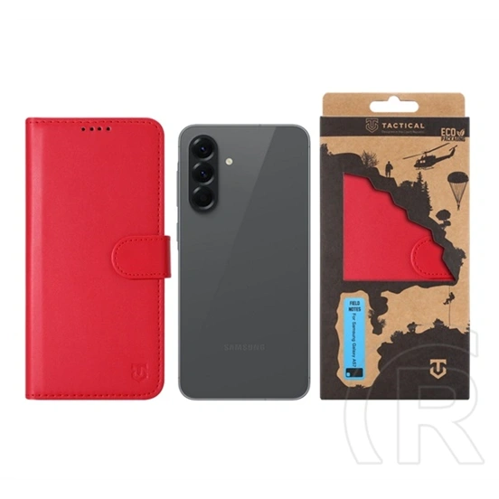 Tactical Samsung A57 5G field notes tok álló, bőr hatású (flip, asztali tartó, bankkártya tartó, prémium) piros