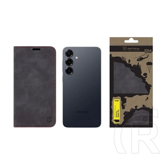 Tactical Samsung S25 xproof tok álló, bőr hatású (flip, asztali tartó, koptatott bőr minta, prémium) fekete