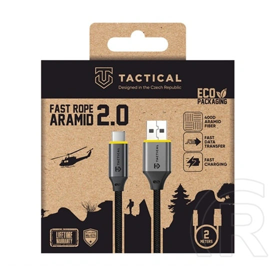 Tactical fast rope aramid 2.0 adatkábel (usb - type-c, 15w, gyorstöltő, cipőfűző, aramid bevonat, 200cm) fekete
