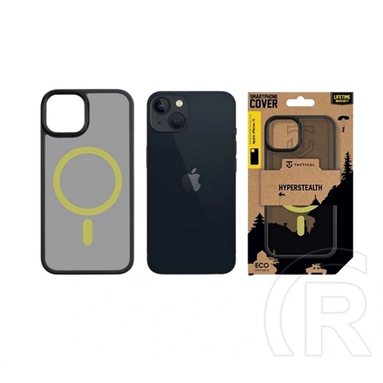 Tactical iPhone 13 magforce hyperstealth 2.0 szilikon védő (ütésálló, átlátszó matt hátlap, magsafe) fekete/citromsárga