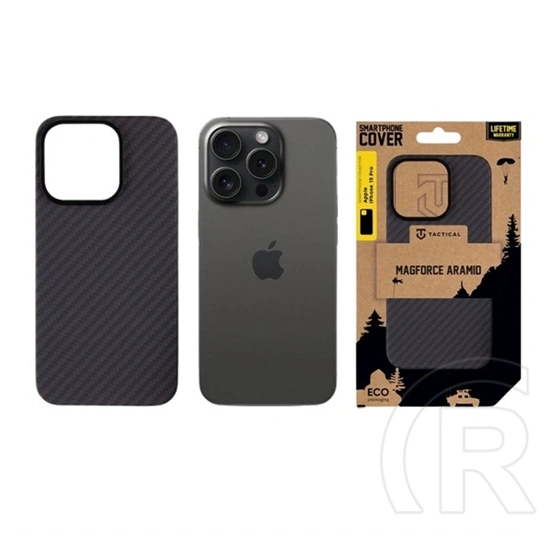 Tactical iPhone 15 Pro magforce aramid szilikon telefonvédő (ultravékony, aramid bevonat, magsafe, karbon minta) fekete
